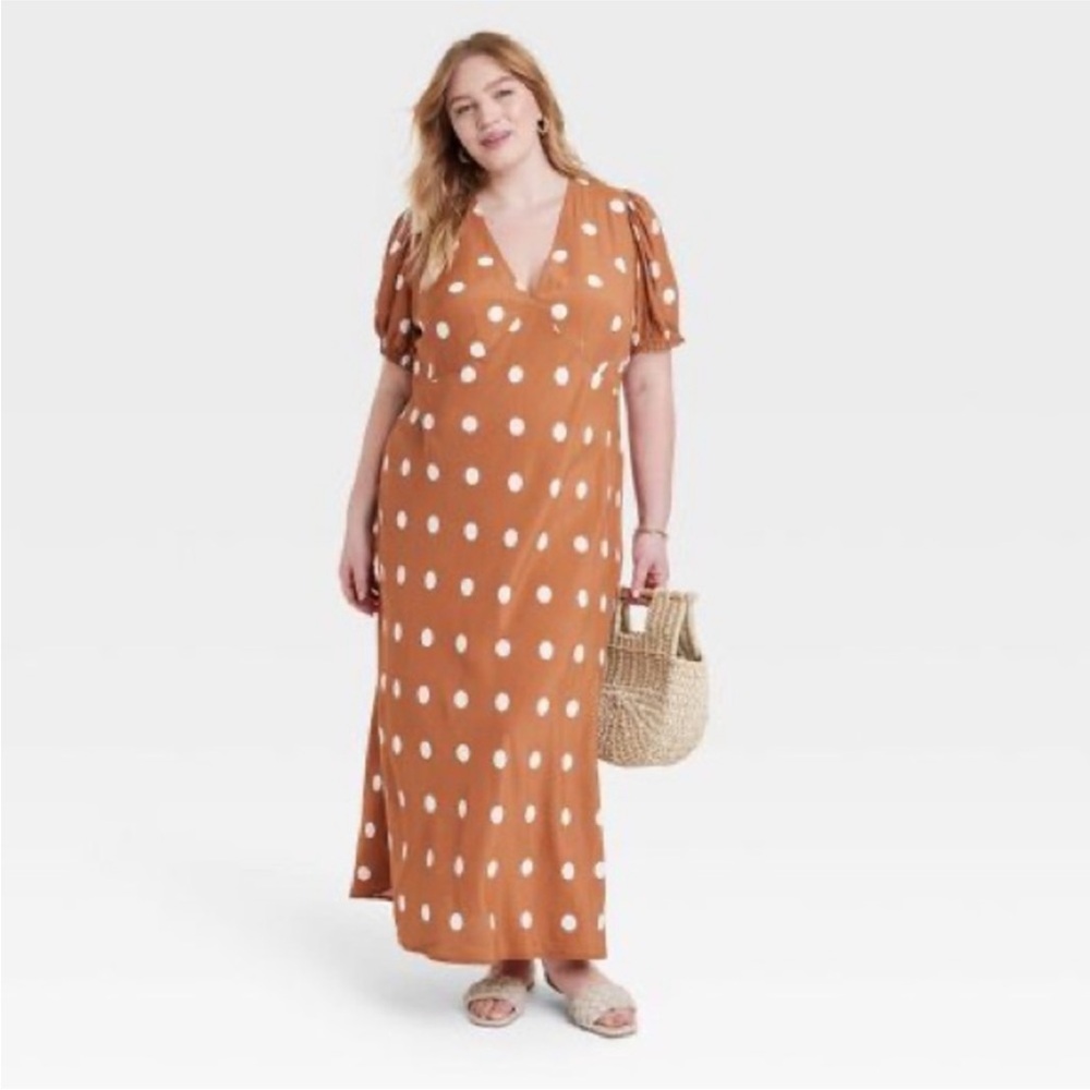 A New Day Brown Puff Sleeve V-Neck Maxi Dress